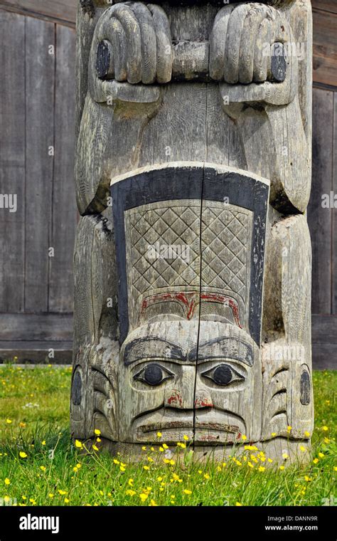 Frontal Poles Haida Gwaii Queen Charlotte Islands Old Masset British Columbia Canada Stock