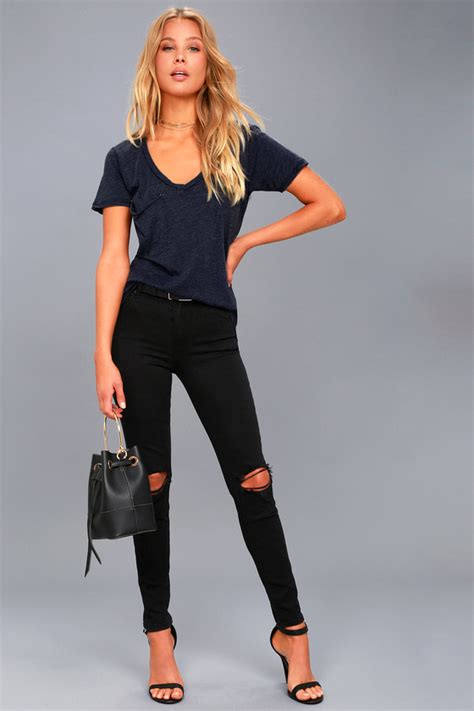 Washed Navy Blue Tee Navy Blue Top Short Sleeve Shirt Lulus