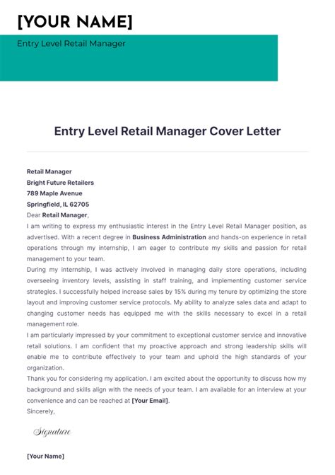 Free Entry Level Retail Manager Cover Letter Template Edit Online