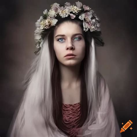 Hyperrealistic Portrait Of A Slavic Woman With Flowers In Her Hair On