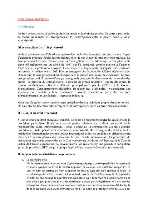 Fiche De Droit Processuel Fiche De Droit Processuel Introduction Le