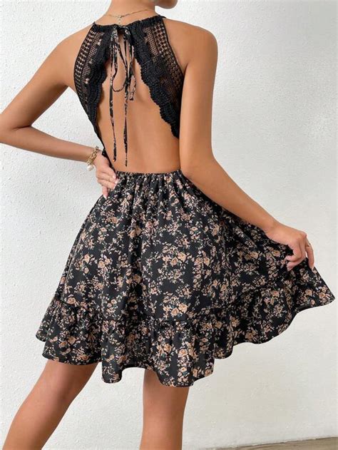 SHEIN Frenchy Vestido Con Estampado Floral Con Encaje En Contraste De