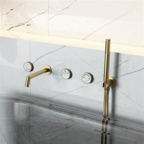 Modern Wall Mount Tub Filler Faucet Triple Knobs And Handshower In White And Gold Homary