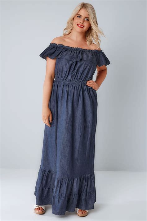 Blue Denim Chambray Frill Maxi Dress Plus Size 16 To 36