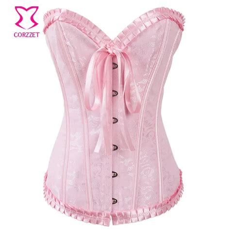 Pink Floral Jacquard Overbust Corset Gothique Cheap Corsets And Bustiers Sexy Korsett For Women