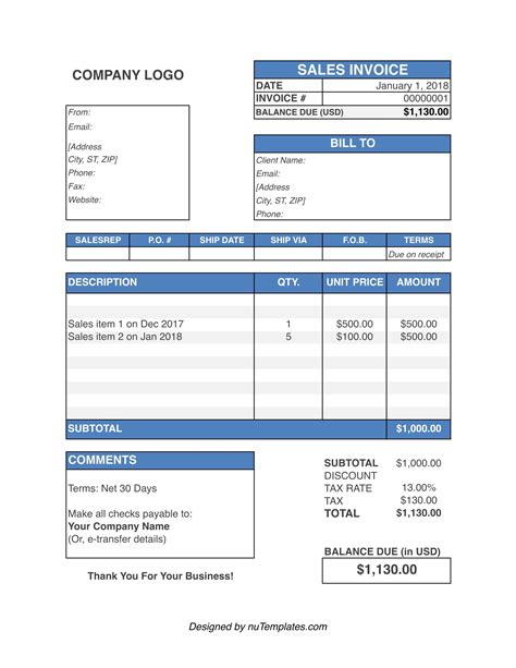 Sales Invoice Template Sales Invoices NuTemplates