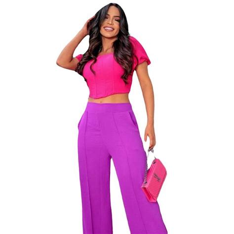 Cal A Feminina Wide Leg Pantalona Alfaiataria Solta Fenim Cal A