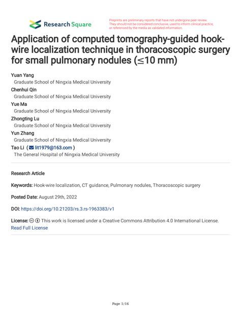 Pdf Application Of Computed Tomography Guided Hook Wire Localization