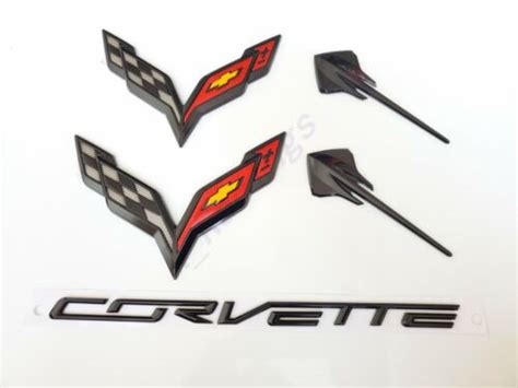 5pc 2014 2019 Corvette C7 Gloss Black Front And Rear And Stingray Cross Flags Emblem Ebay