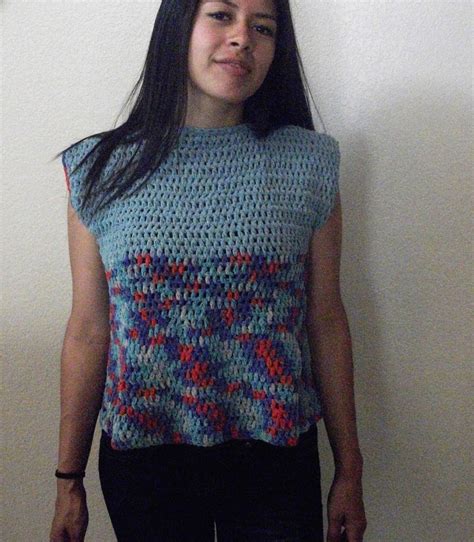 Blue Top Vest Matching Hat Crocheted Adult Green Red Year Round Small To Medium Sleeveless Woman