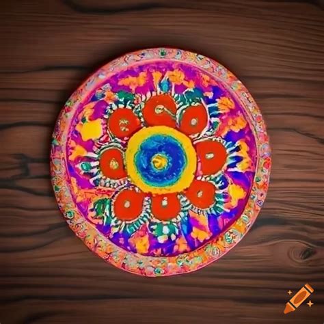 Generate A Paper Plate With Rangoli Art On It Made With Colored Sand The Plate Is Placed On