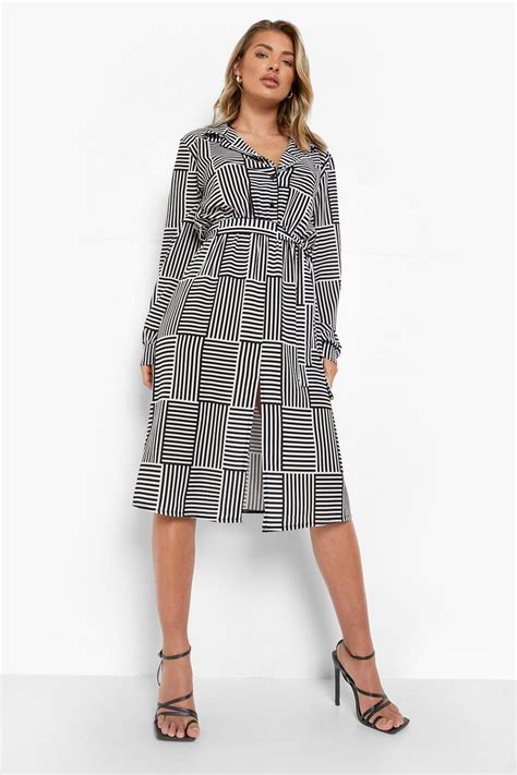 Mono Print Tie Waist Shirt Dress Boohoo