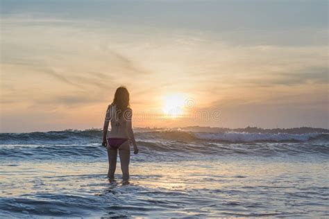 Beautiful Girl In Pink Bikini Standing On The Beach During Sunset 库存照片 图片 包括有 多云 享用 142740808