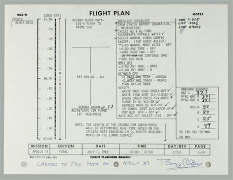 Bonhams Flown Apollo 11 Flight Plan Sheet Aldrin And Collins Record