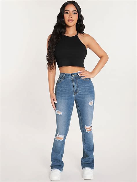 SHEIN PETITE High Waist Ripped Frayed Bootcut Leg Jeans SHEIN USA