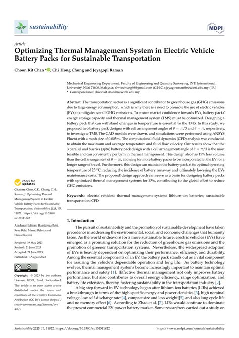 Pdf Optimizing Thermal Management System In Electric Vehicle Battery Packs For Sustainable