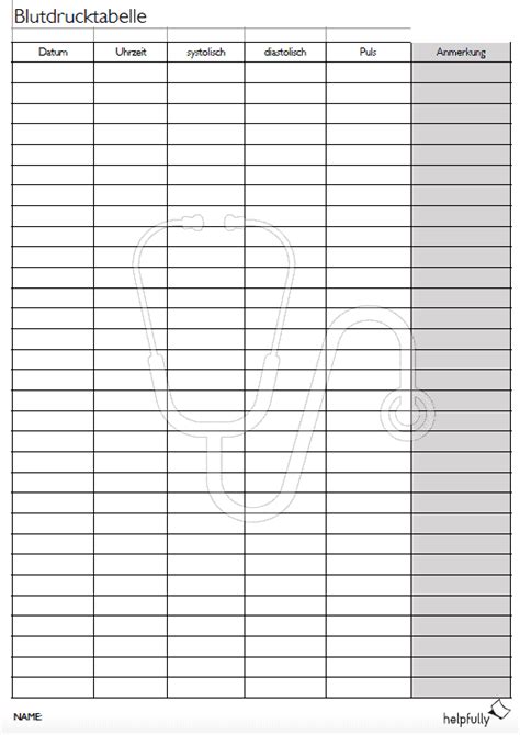 Blutdruck messen Tabelle zum Ausfüllen Vorlage PDF helpfully de