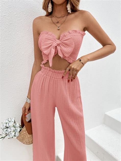 Shein Vcay Bow Front Tube Top Wide Leg Pants Shein Usa