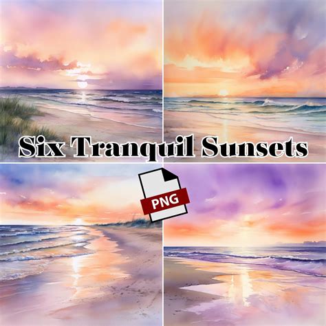 Set Of Six Sunset Beach Watercolor Backgrounds Soft Colorful Sunset