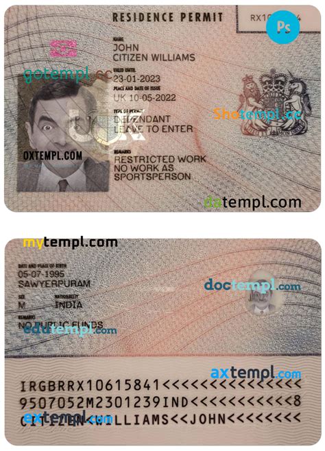 United Kingdom Residence Permit Psd Fake Template