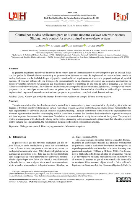 PDF Control Por Modos Deslizantes Para Un Sistema Maestro Esclavo Con