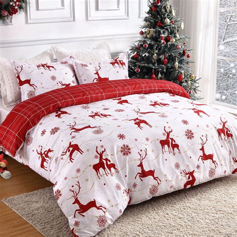 Zacoo Christmas Duvet Cover King Reversible Printed Comforter Cover Set Soft Microfiber Red