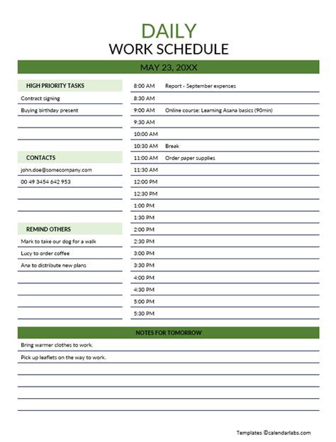 Daily Work Schedule Template Excel