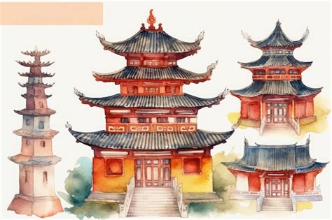 Pintura De Acuarela De Un Templo En China Foto Premium