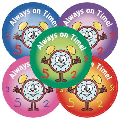 Adorable sticker featuring a smiling clock with the words 'Always on Time'