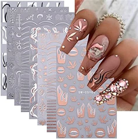 Amazon 8Sheets Metallic Nail Art Stickers Lip Flame Maple Leaf