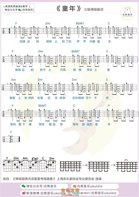 尤克里里教学：三级曲目《童年》弹唱教学视频含尤克里里谱 白熊音乐 吉他之家