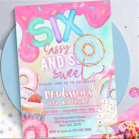 Sweet Sassy And Six 6th Birthday Invitation Birthday Party Etsy