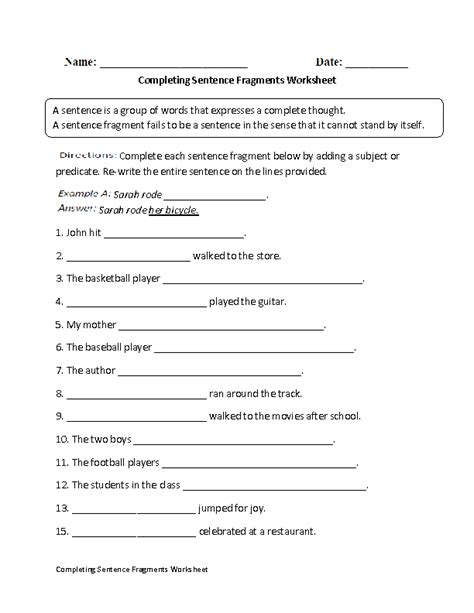 Sentence And Fragment Worksheet