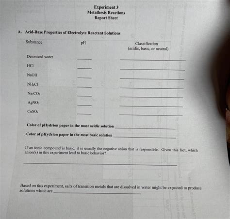 Solved Experiment 3 Metathesis Reactions Report Sheet A