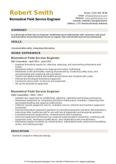 Biomedical Field Service Engineer Resume Samples Templates For