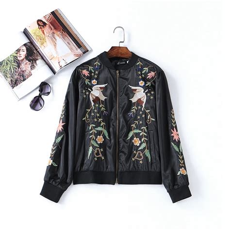 New Autumn Women Fashion Embroidery Bird And Floral Bomber Zipper Full Sleeve Streetwear Jackets