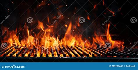 Empty Barbecue BBQ Grill With Flaming Fire And Ember Charcoal On Black