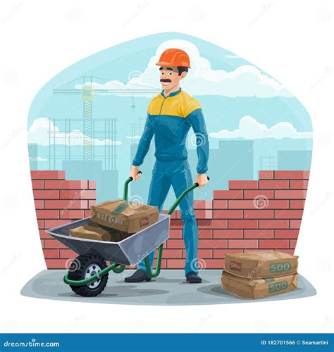 Builder Worker With Wheelbarrow Construction Stock Vector