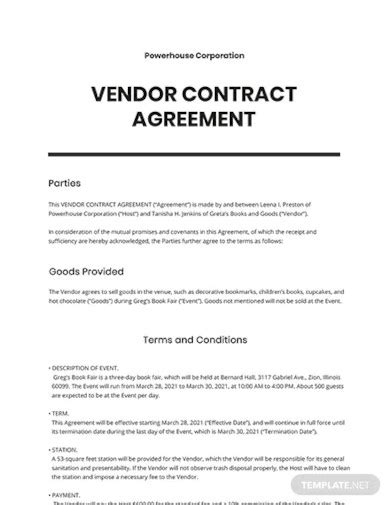 Vendor Contract Agreement Examples Format Pdf