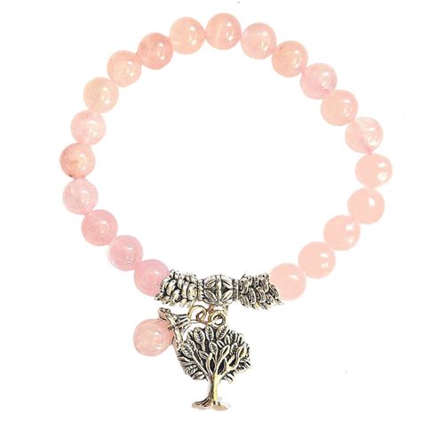 Bracelet Lastique Breloques Arbre De Vie En Perles De Quartz Rose