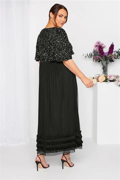 Luxe Plus Size Curve Black Sequin Sweetheart Ruffle Maxi Dress Yours