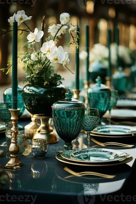 Detailed View Of Emerald Green Themed Tablescape For A Chic Wedding