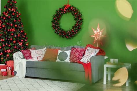 Christmas Living Room Interior With Sofa Christmas Tree And Wreath On