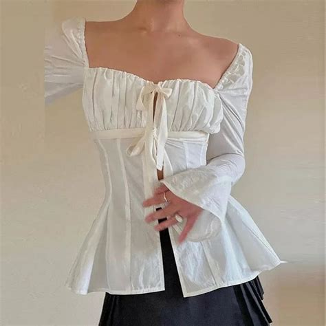 Slim Fit White Shirt With Pleated Corset Flare For Women Cute Outfits