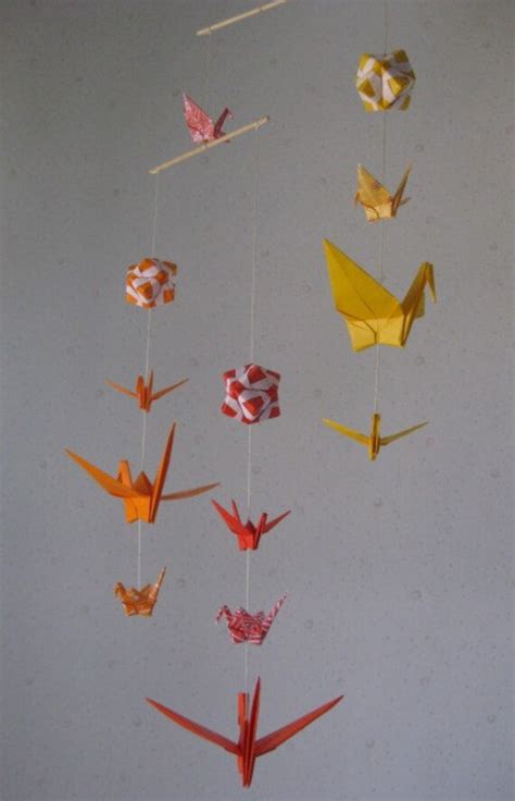 Mix Sized Origami Mobile 10 Cranes And 3 Modules Orange