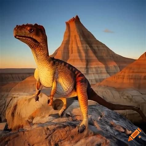 Pachycephalosaurus Couple On Rocky Outcrop With Badlands Landscape On