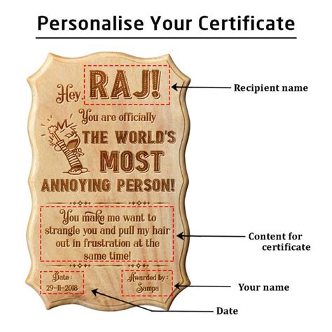 Worlds Most Annoying Person Funny Award Certificate Custom Wood