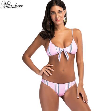 Striped Swimsuits For Women Sexy Low Waist Front Tied Tankini Swimwear Female Beach Bikini