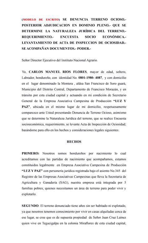 Escrito De Denuncia Terreno Ocioso Modelo De Escrito Se