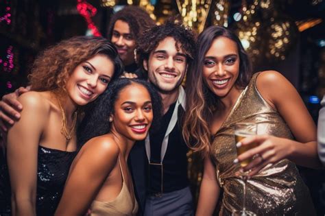 Premium Photo A Cheerful Group Of Friends Enjoy New Year Party At